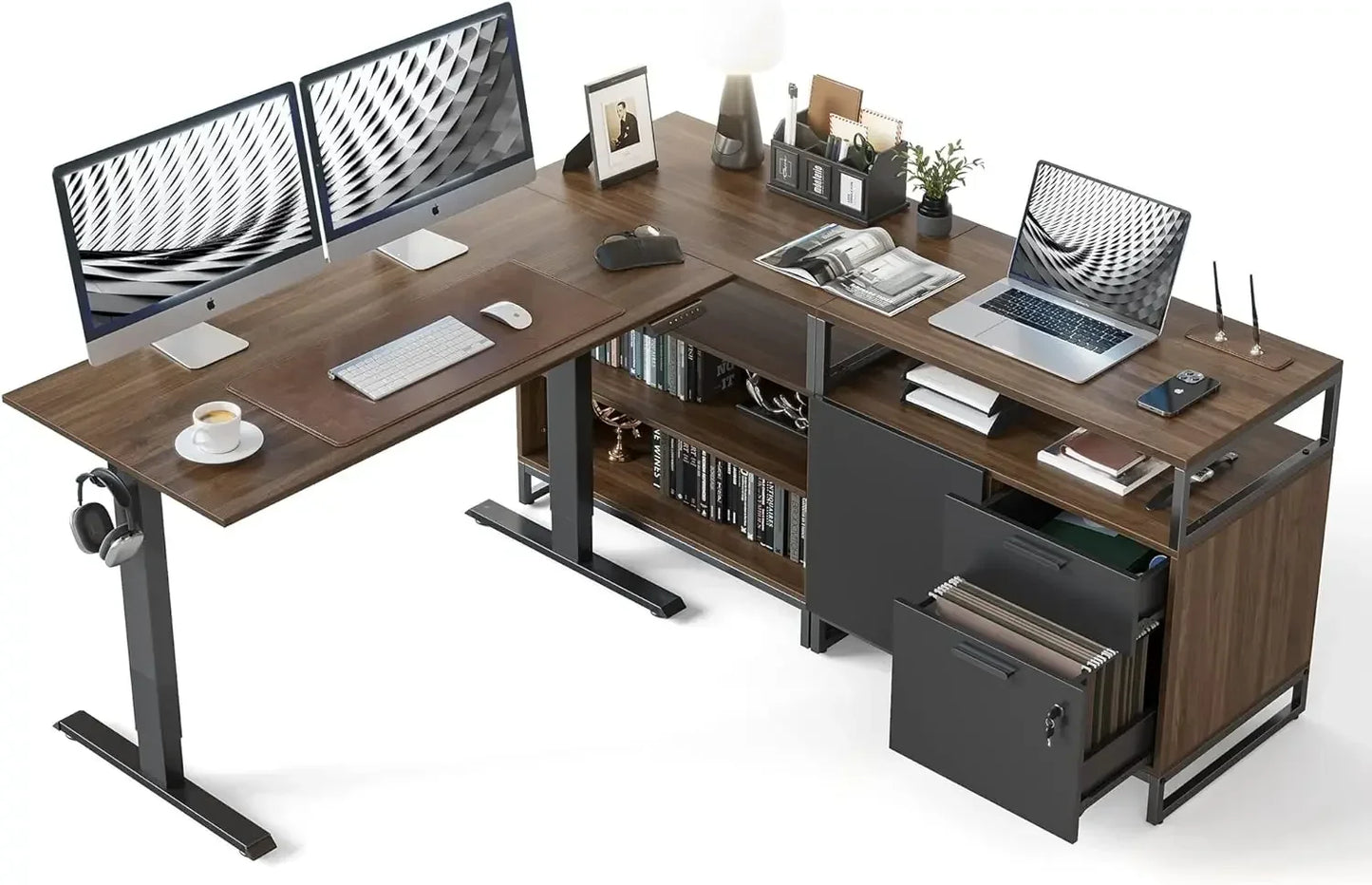 L Shaped Executive Standing Desk Electric Height Adjustable with Cabinet