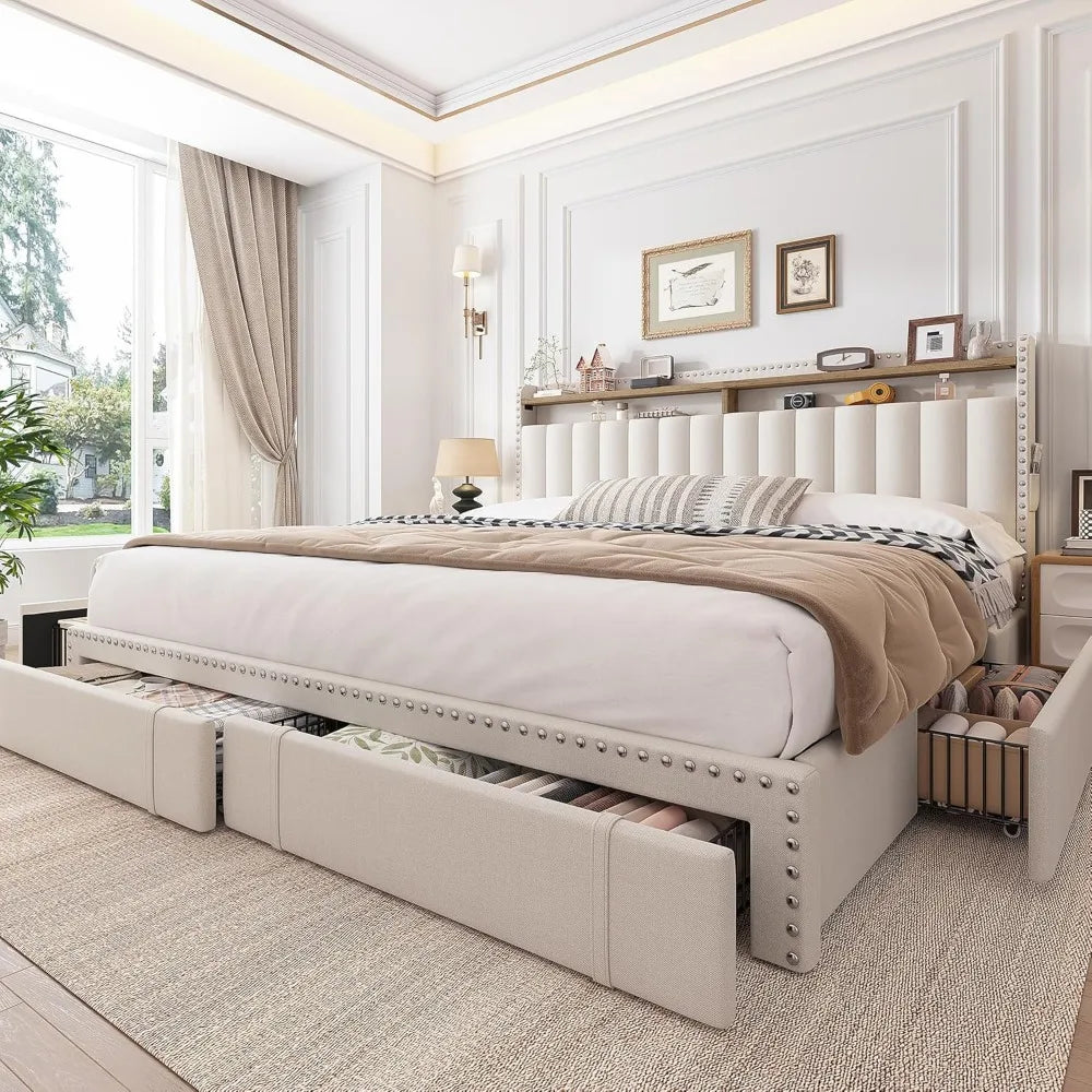 Ljustra King Size Bed Frame with 4 Storage Drawers Upholstered Support