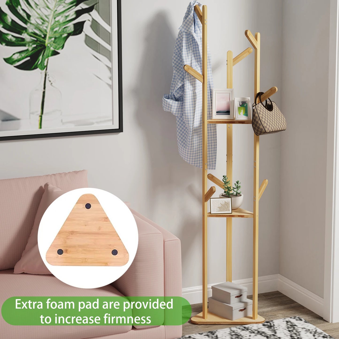 Bamboo Corner Tree Coat Rack Stand Clothes Hanger with 9 Hooks