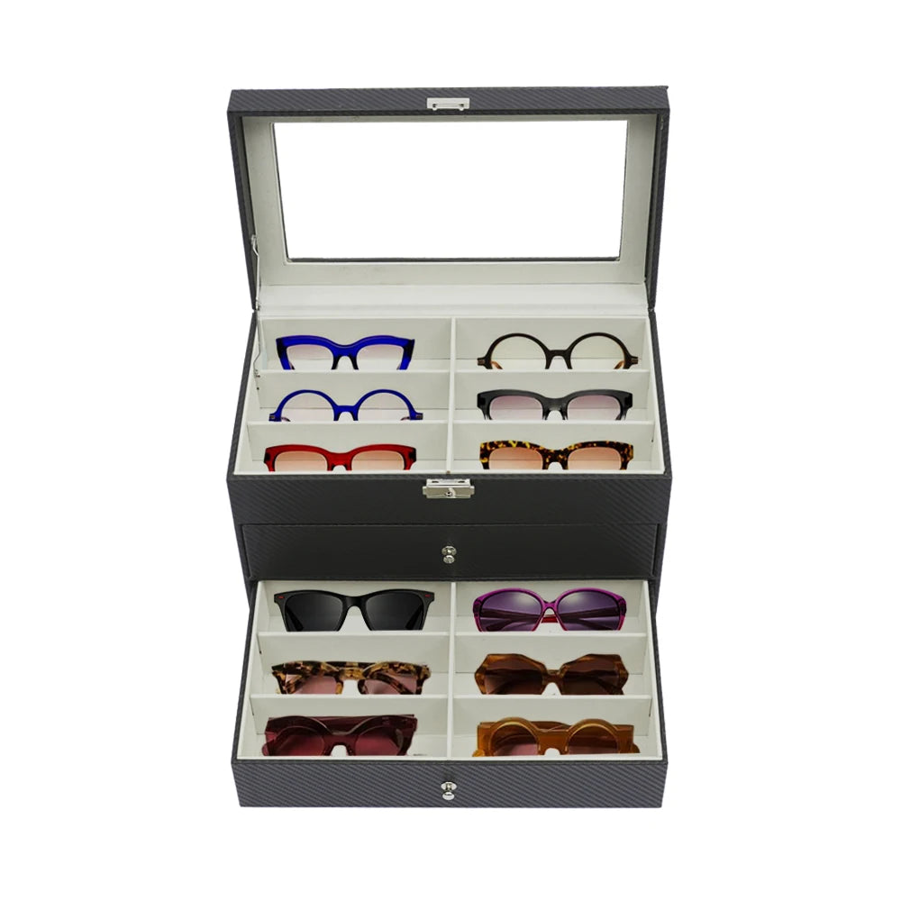 18-Grid Carbon Fiber Eyeglass Case Modern Sunglasses Storage Box