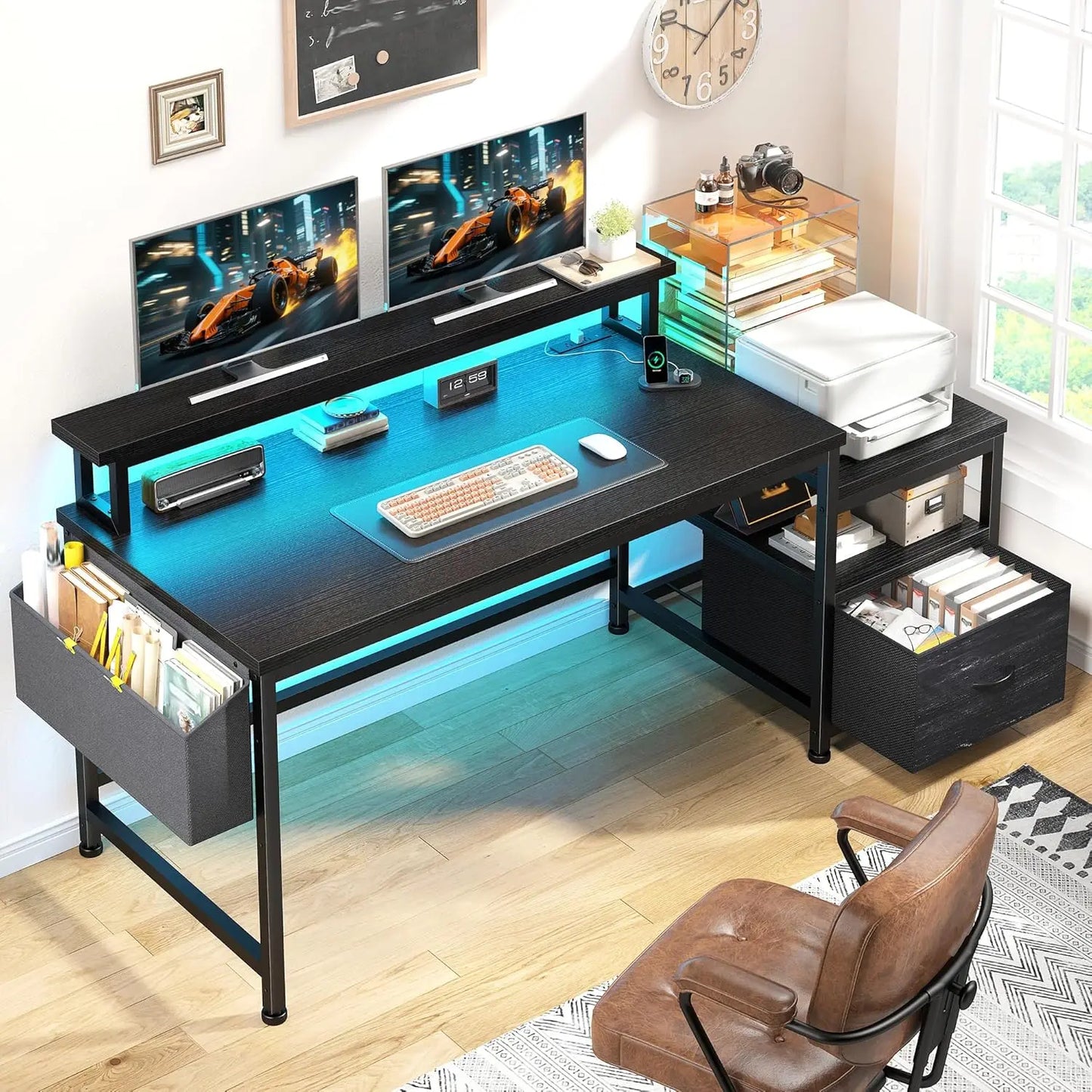 Ljustra Computer Desk with Power Outlets LED Lights Storage Home Office