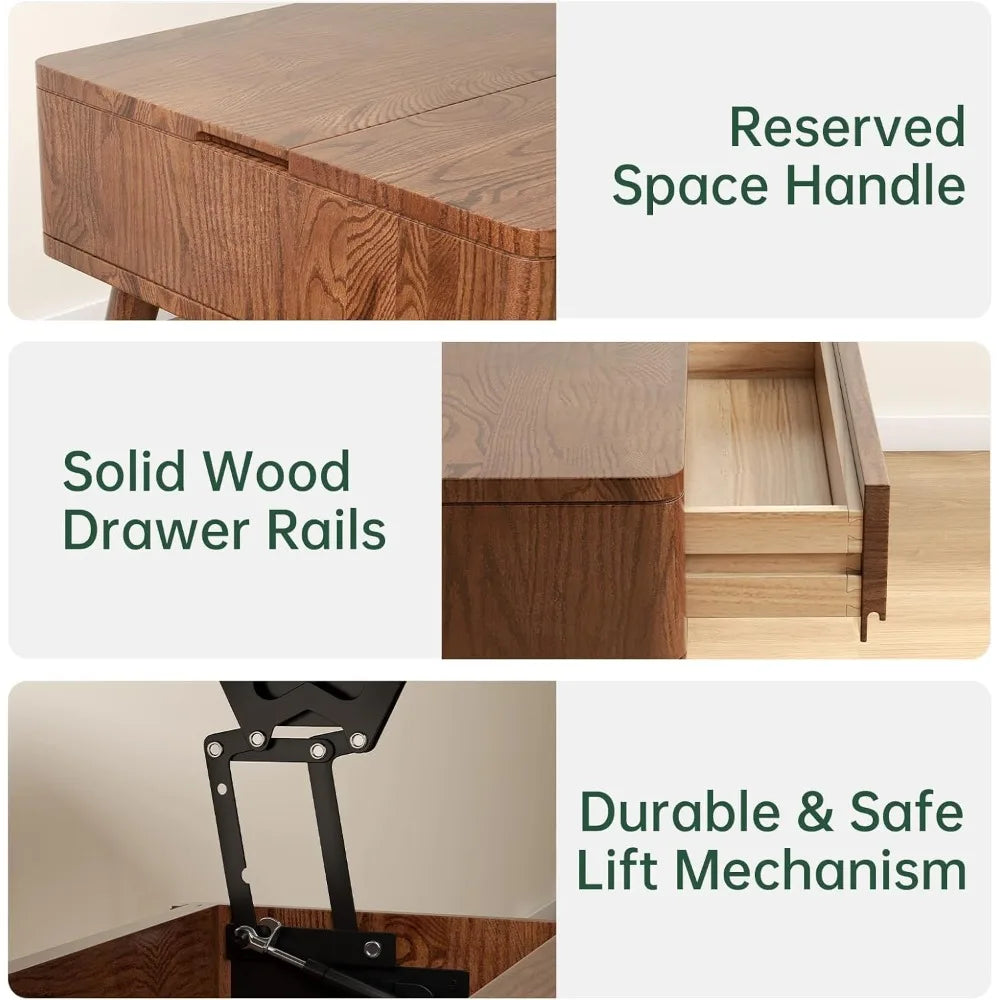 Lift Top Coffee Table Solid Oak Wood Storage Modern Design Walnut