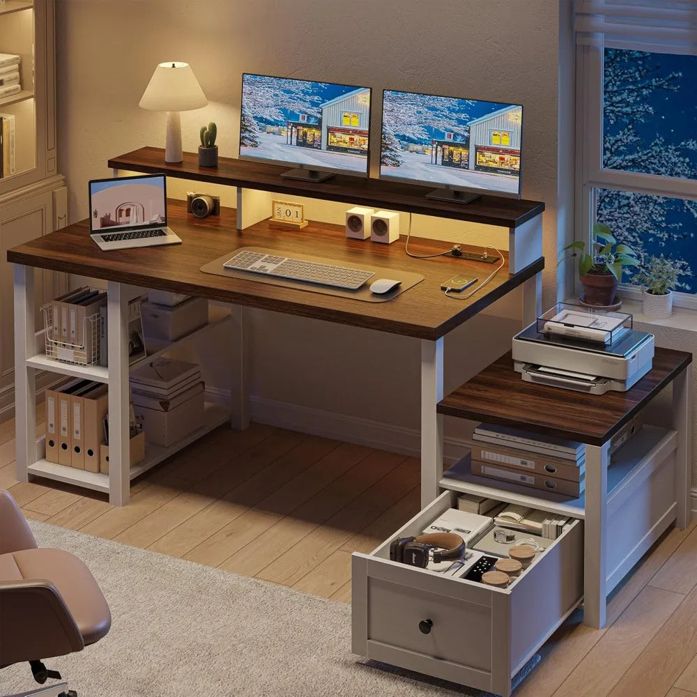 63 Inch Farmhouse Computer Desk with Drawers LED Lights Shelves