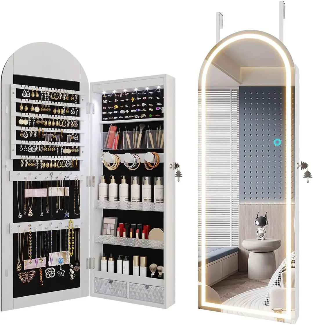 Arched Lighted Mirror Jewelry Cabinet Wall Door Mount Organizer