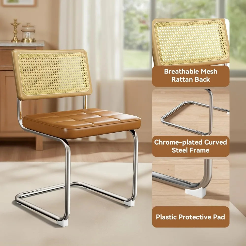 Modern Dining Chairs Set of 4 Faux Leather Cane Back Metal Legs Rattan