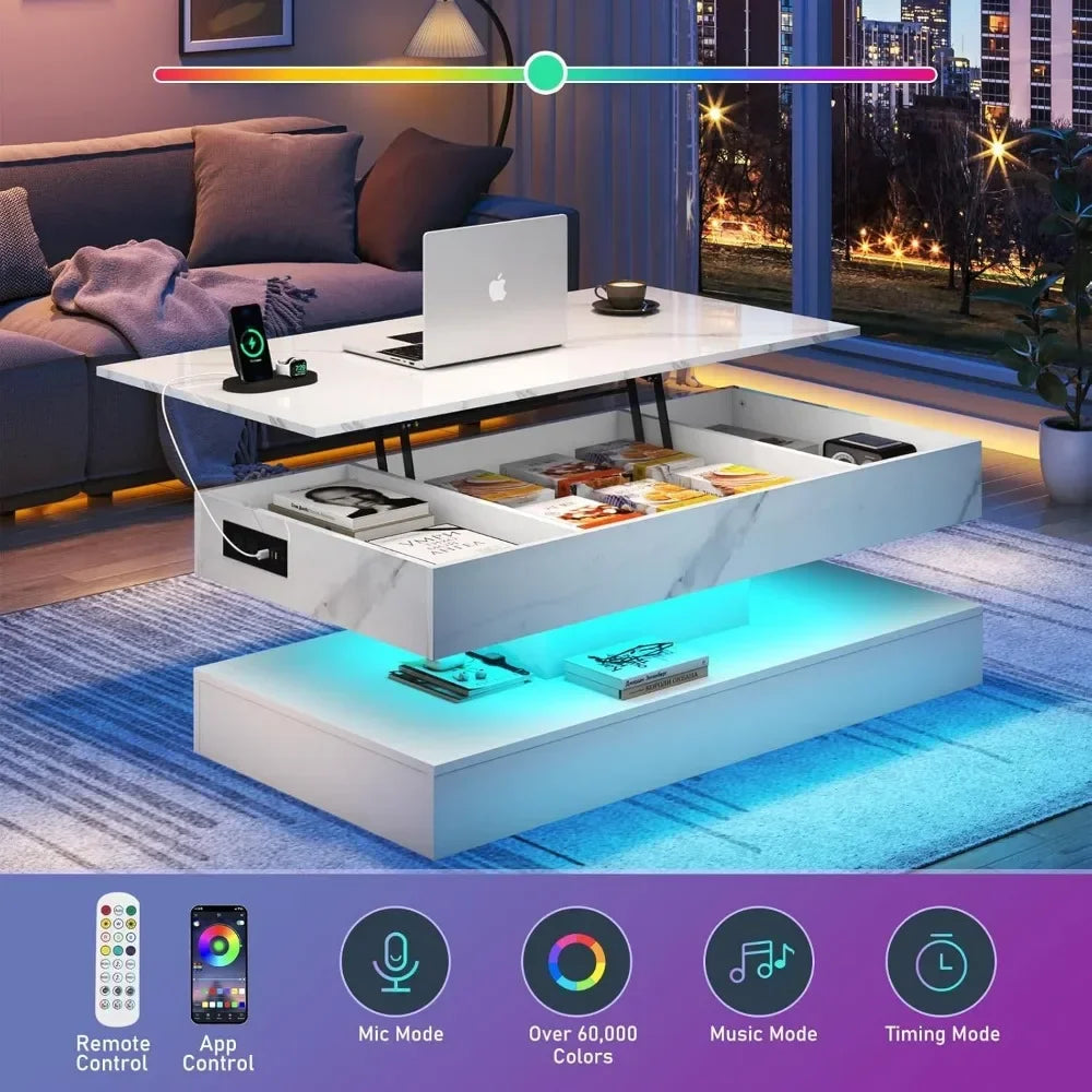 Large Lift Top Coffee Table with Charging Station LED Modern Design