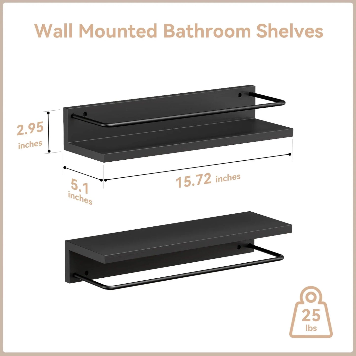 Floating Black Shelves with Metal Guardrail Set of 2 Modern Bathroom Storage