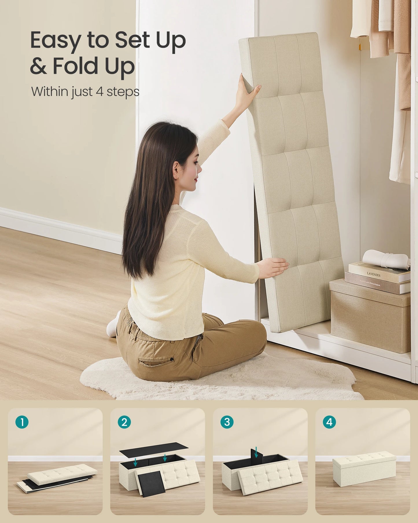 Ljustra 43 Inch Folding Storage Ottoman Bench Foot Rest Storage Chest