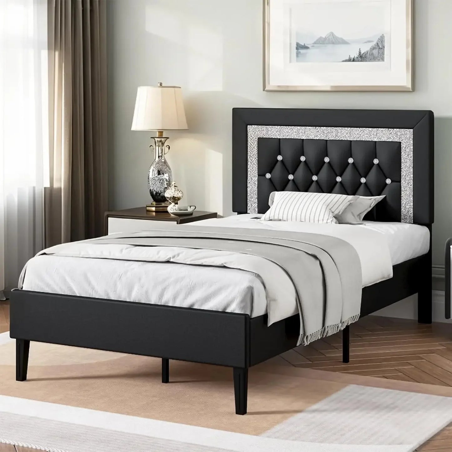 Upholstered Platform Bed Frame with Tufted Headboard and Storage