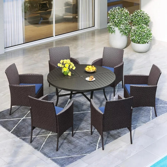 7 Piece Patio Dining Set Round Table 6 Wicker Chairs Outdoor Furniture