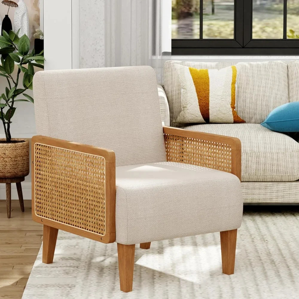 Mid Century Modern Accent Chair Rattan Oak Wood Upholstered Armchair