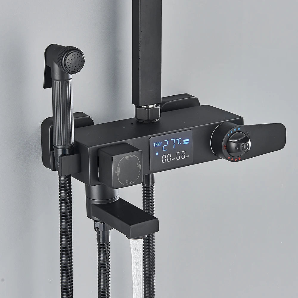 Black Digital Display Thermostatic Shower Faucet Rainfall Mixer Tap