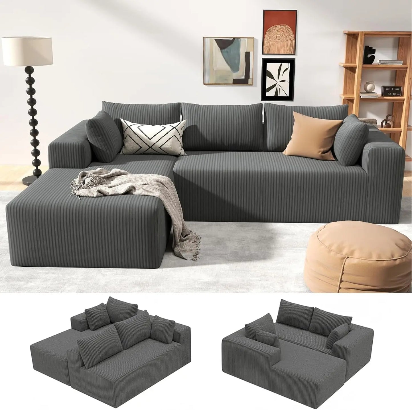 L-Shaped Cloud Sectional Sofa Modular Deep Seat No Assembly Corduroy