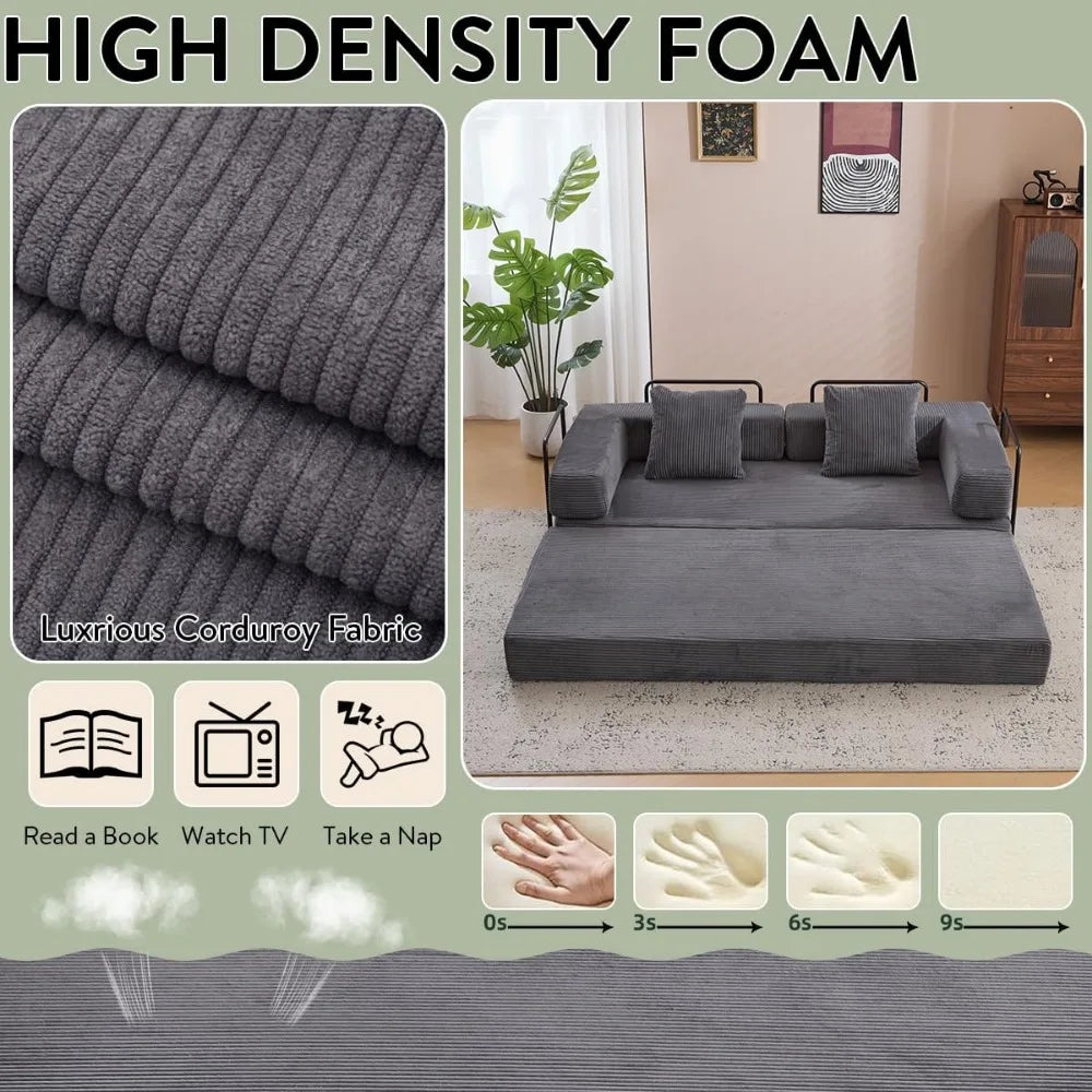 4-in-1 Foldable Corduroy Sofa Bed, Convertible Sleeper Couch, Dark Grey