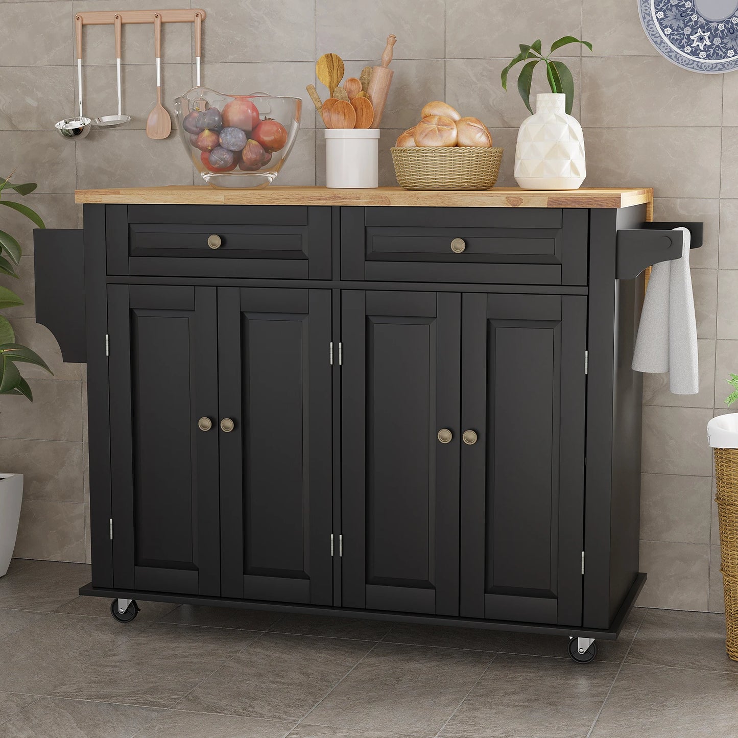 Rolling Kitchen Island on Wheels with Drop Leaf Storage Cabinet
