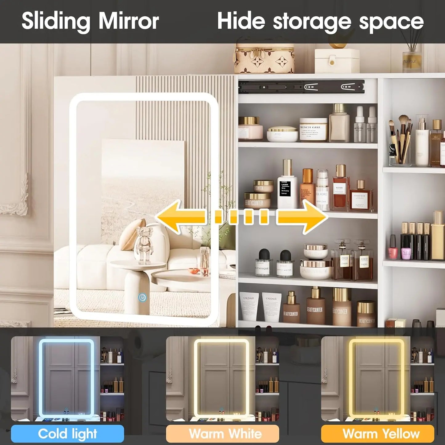 Makeup Vanity Desk with LED Mirror Jewelry Storage Charging Station