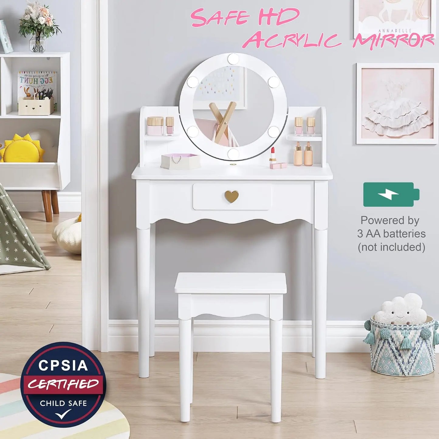 Kids Vanity Set with Mirror Stool Lights for Girls Pretend Play Furniture