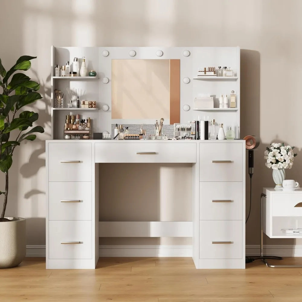 Ljustra LED Vanity Desk with Mirror 7 Drawers Makeup Table Power Outlet