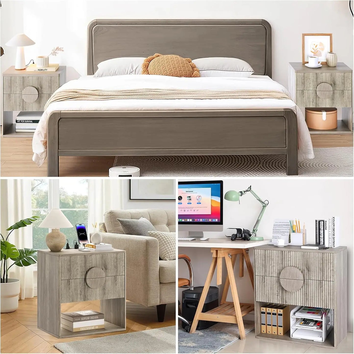 Large Fluted Nightstand with Drawers Modern Bedside Table 22.7" Wide