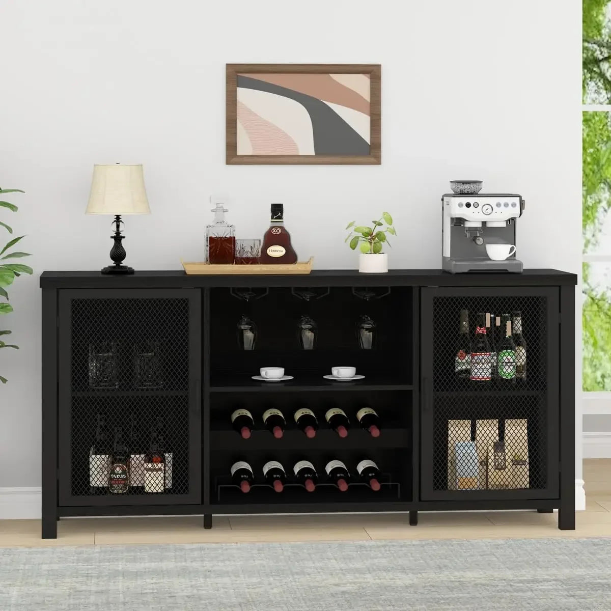 Black Wine Bar Cabinet Coffee Bar Buffet Storage Industrial Style