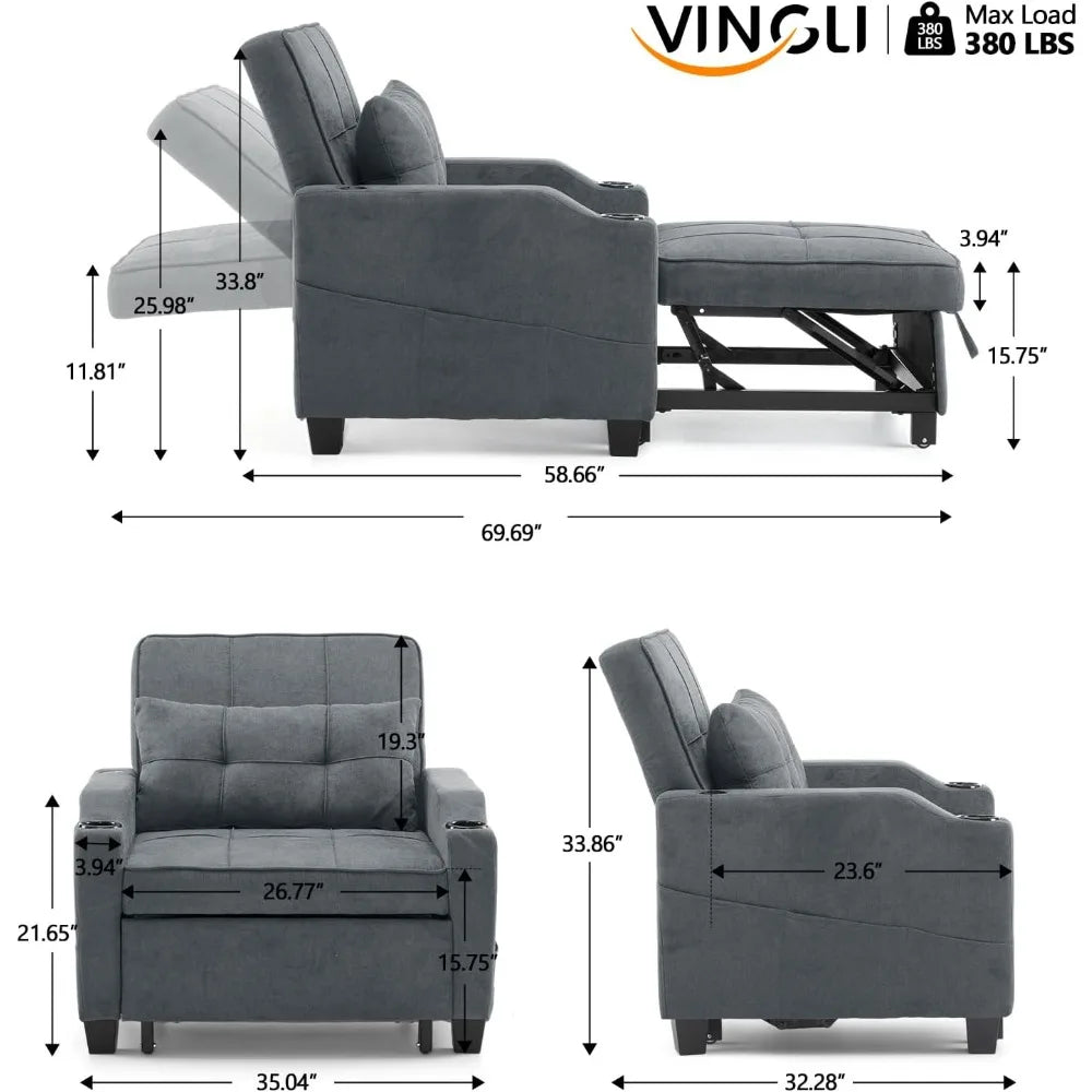 Ljustra Dark Grey 3-in-1 Convertible Sleeper Chair Bed Futon Sofa