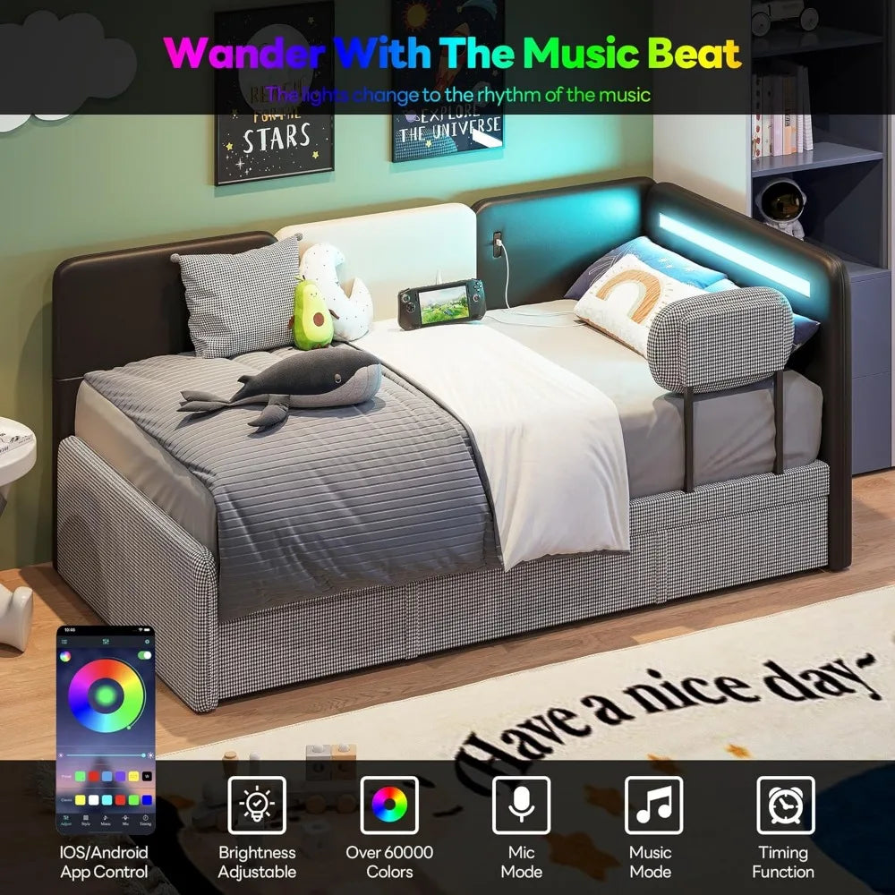 Daybed with Trundle Twin Bed Frame Upholstered LED USB Charging