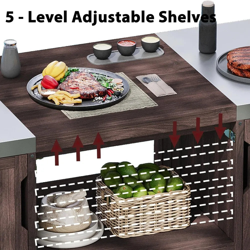 Outdoor Kitchen Island Big Green Egg Grill Table Solid Wood Rolling