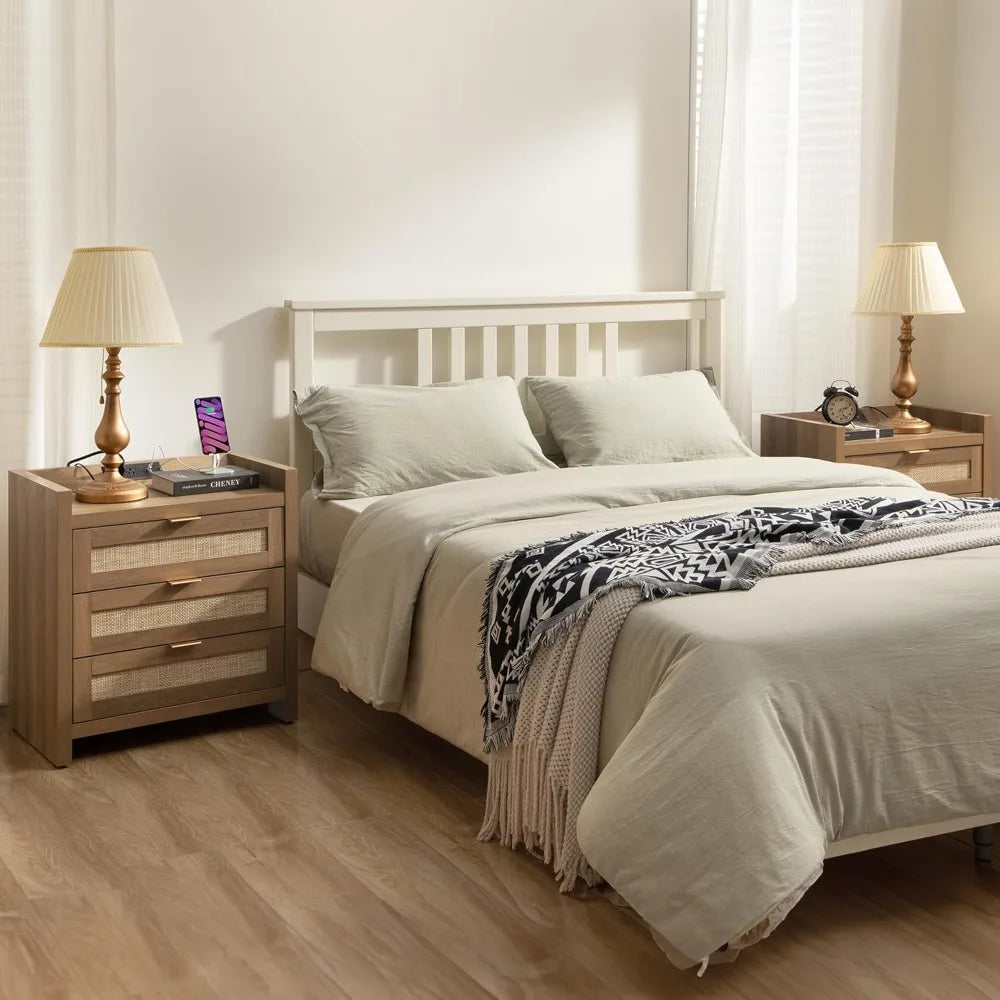 Rattan Night Stand Set of 2 Tall Nightstands with Charging Station