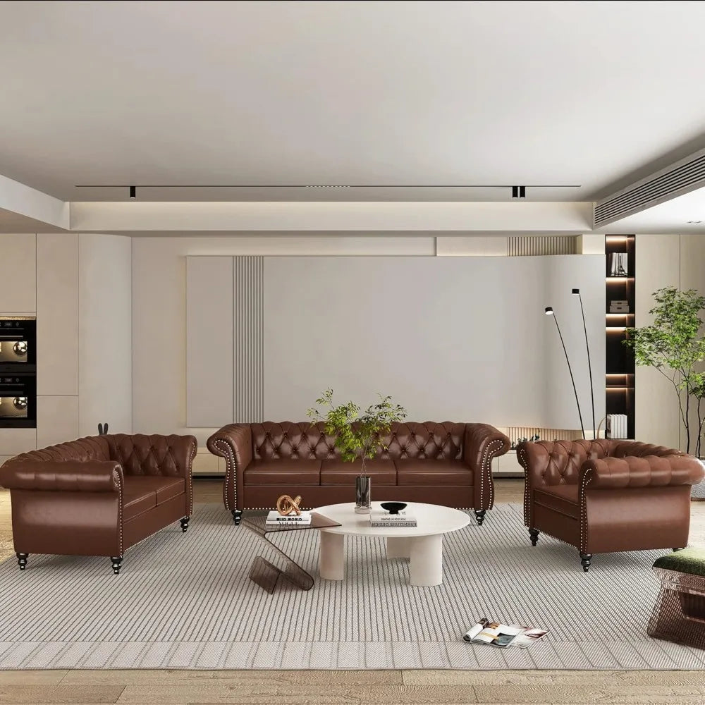 Ljustra Chesterfield 3-Seater Sofa Modern Leather Tufted Couch