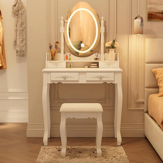 Modern Vanity Desk Set with Mirror Lights Makeup Table 4 Drawers
