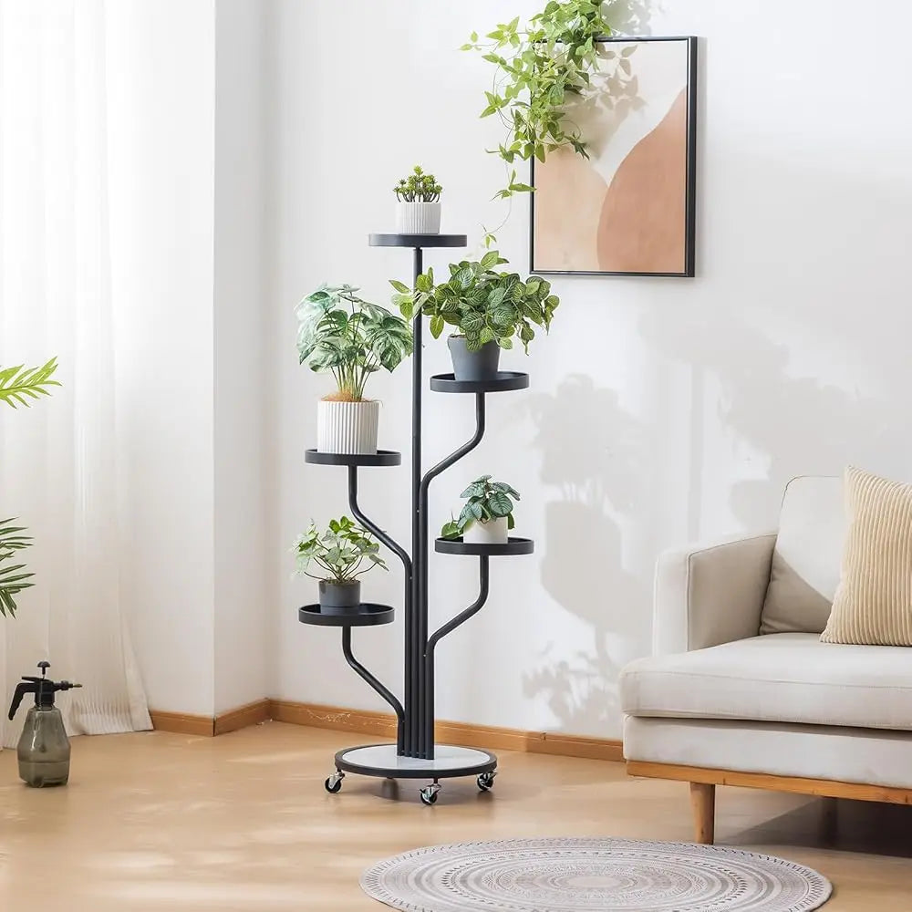 5 Tier Indoor Plant Stand Rolling Metal Shelf Wrought Iron Display
