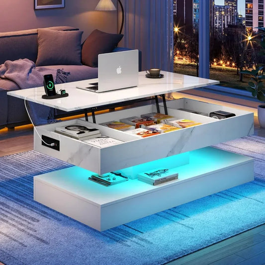 Large Lift Top Coffee Table with Charging Station LED Modern Design