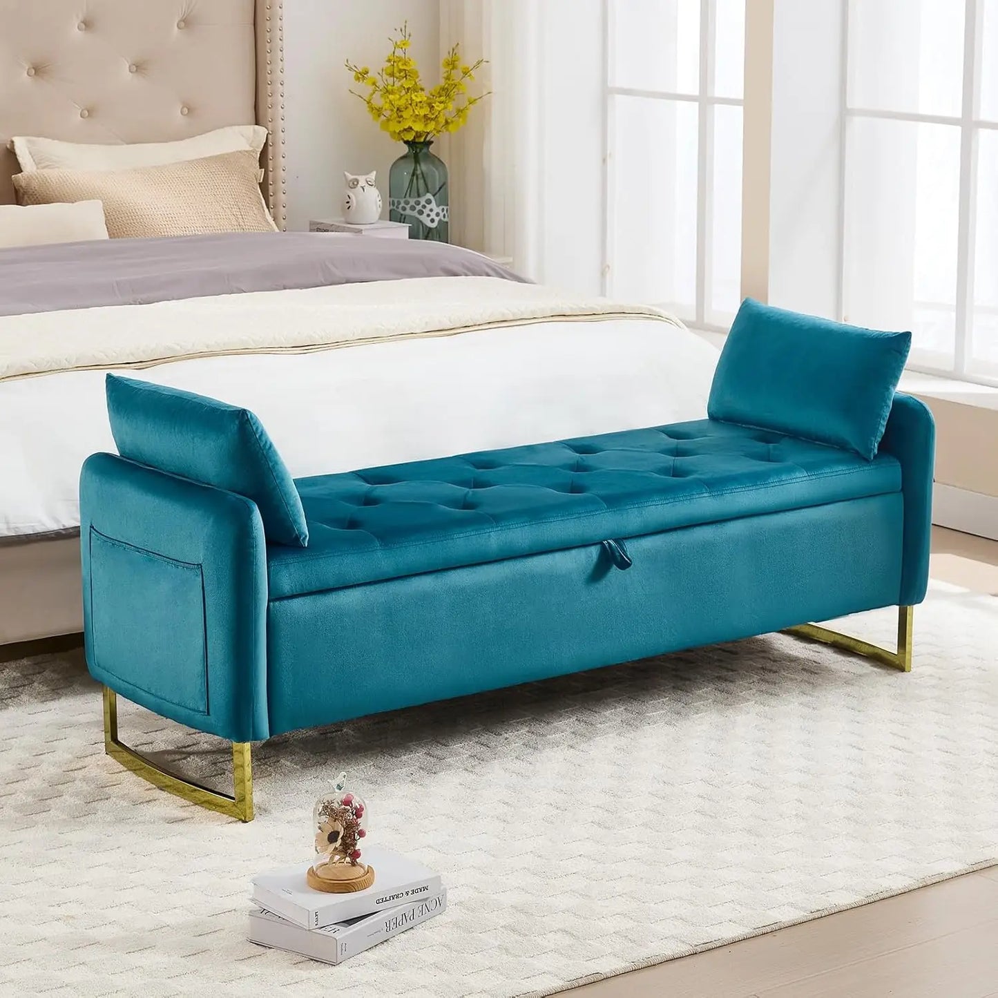 65 Inch Storage Ottoman Bench Tufted Upholstered End of Bed Furniture