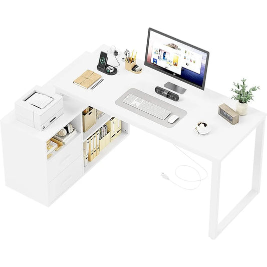 L Shaped Desk with Storage Drawers and Power Outlets 55 Inch