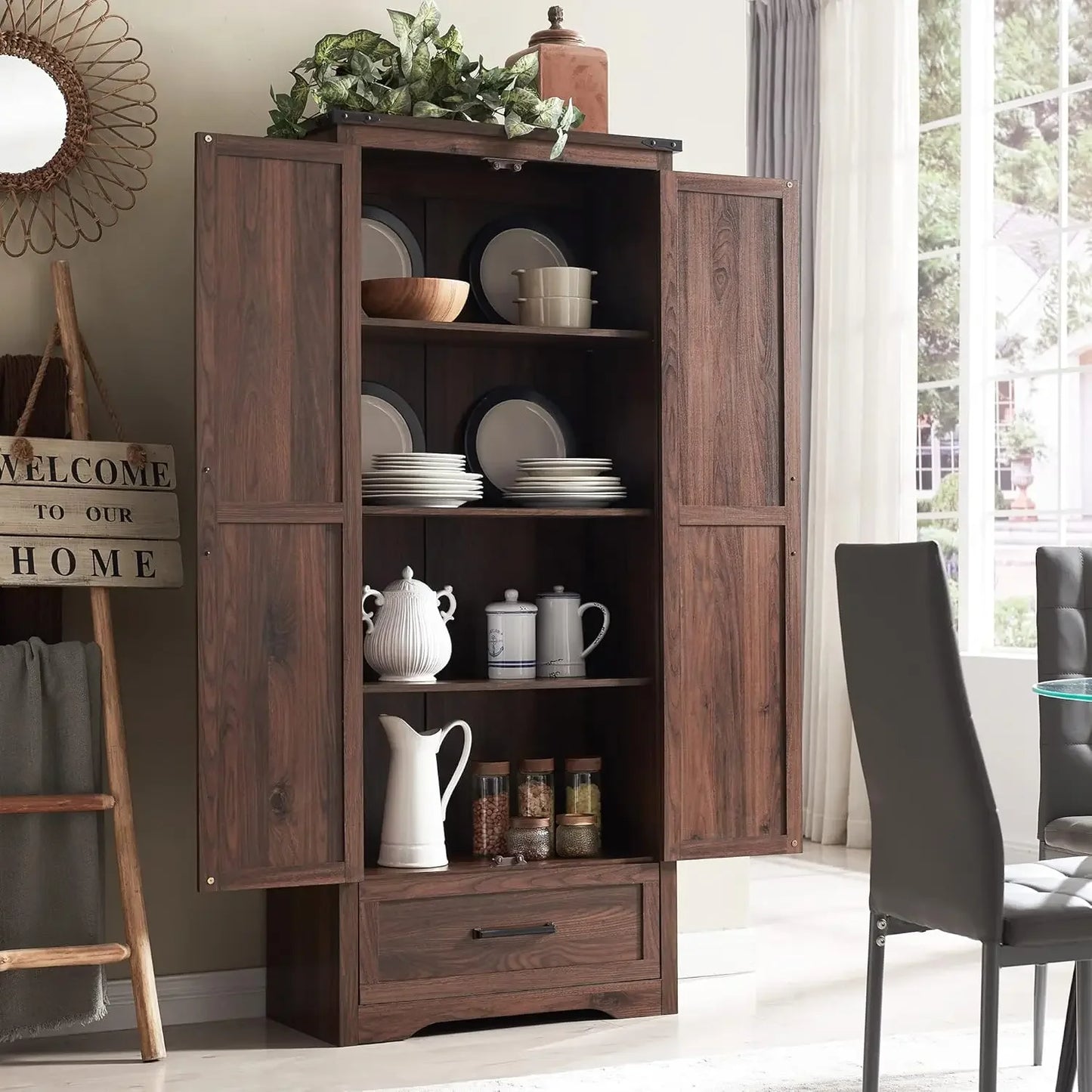 72 Inch Tall Wood Storage Cabinet Farmhouse Kitchen Pantry Cabinet