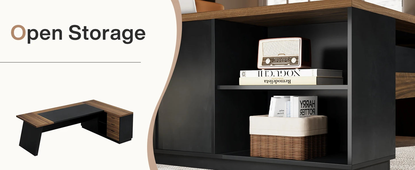 Modern L-Shaped Executive Desk with Drawers and File Cabinet Office