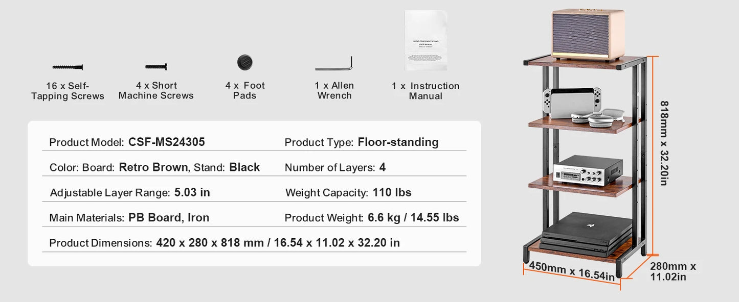 Ljustra 4-Tier AV Media Stand Adjustable Tempered Glass DVD Storage