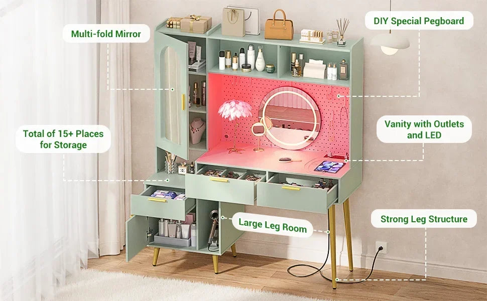 Ljustra 48 Inch Makeup Hutch Modern Charging Station and LED Vanity Table