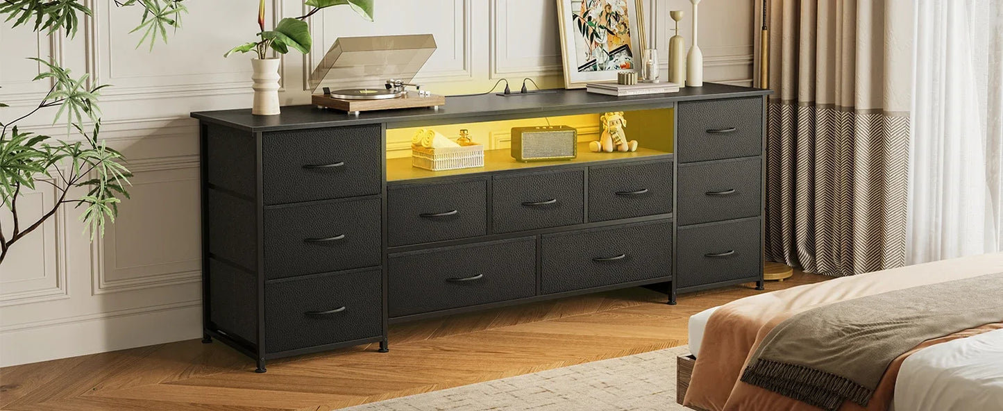 63 Inch TV Stand Dresser with LED Lights Power Outlets 11 Drawers Storage