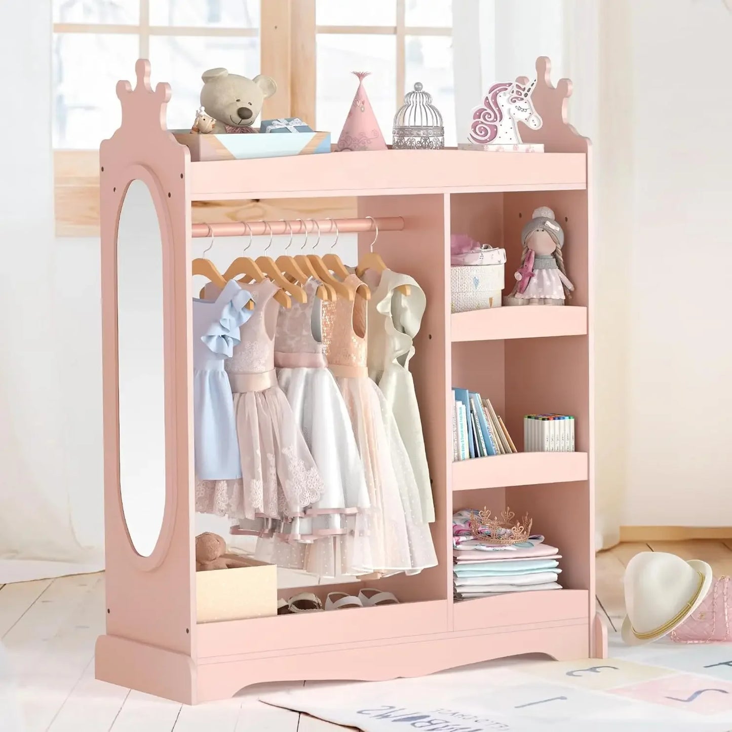 Kids Wardrobe with Mirror and Hooks Large Storage Closet Organizer