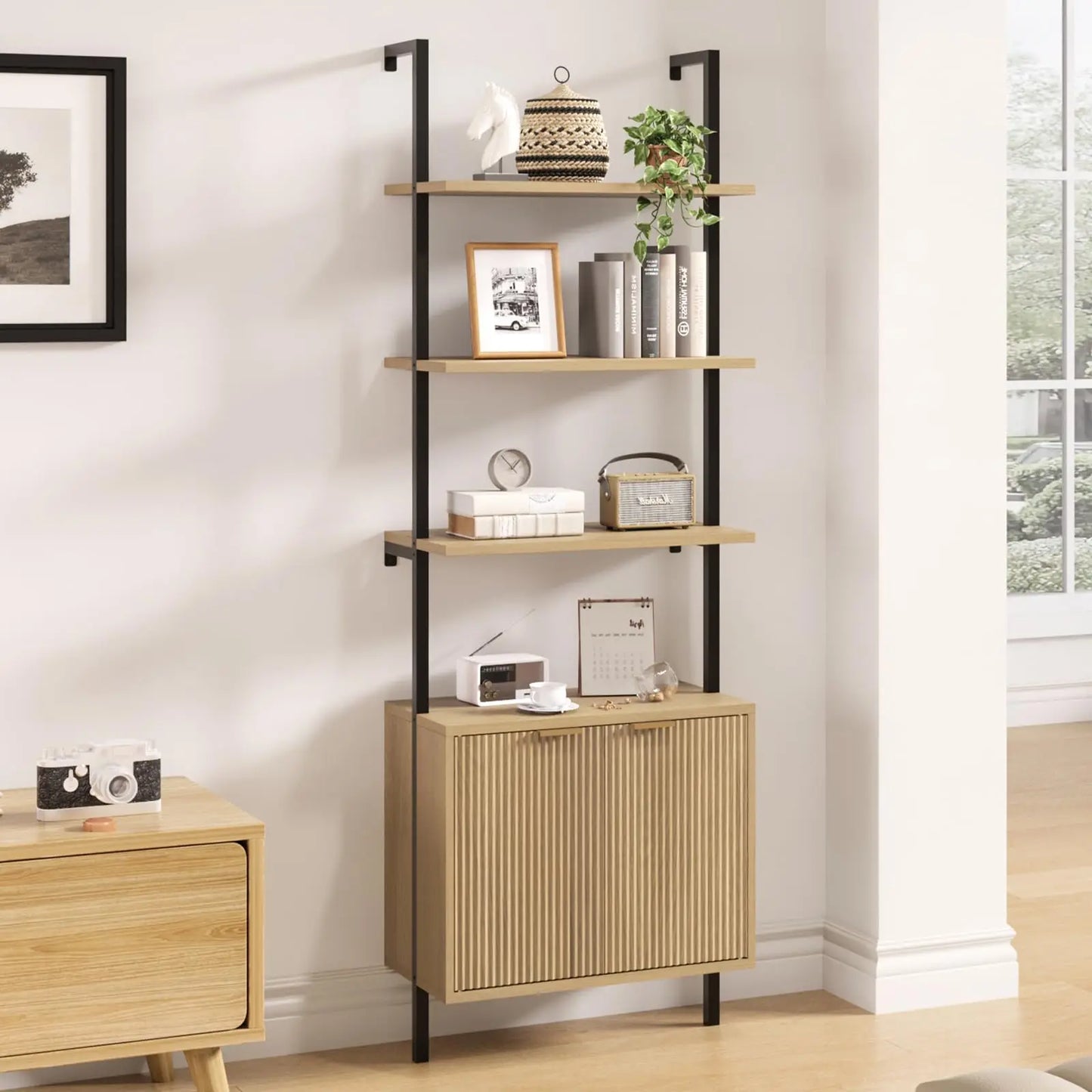 Ladder Bookshelf Storage Cabinet 71'' Tall Wall Mount Bookcase Metal Frame