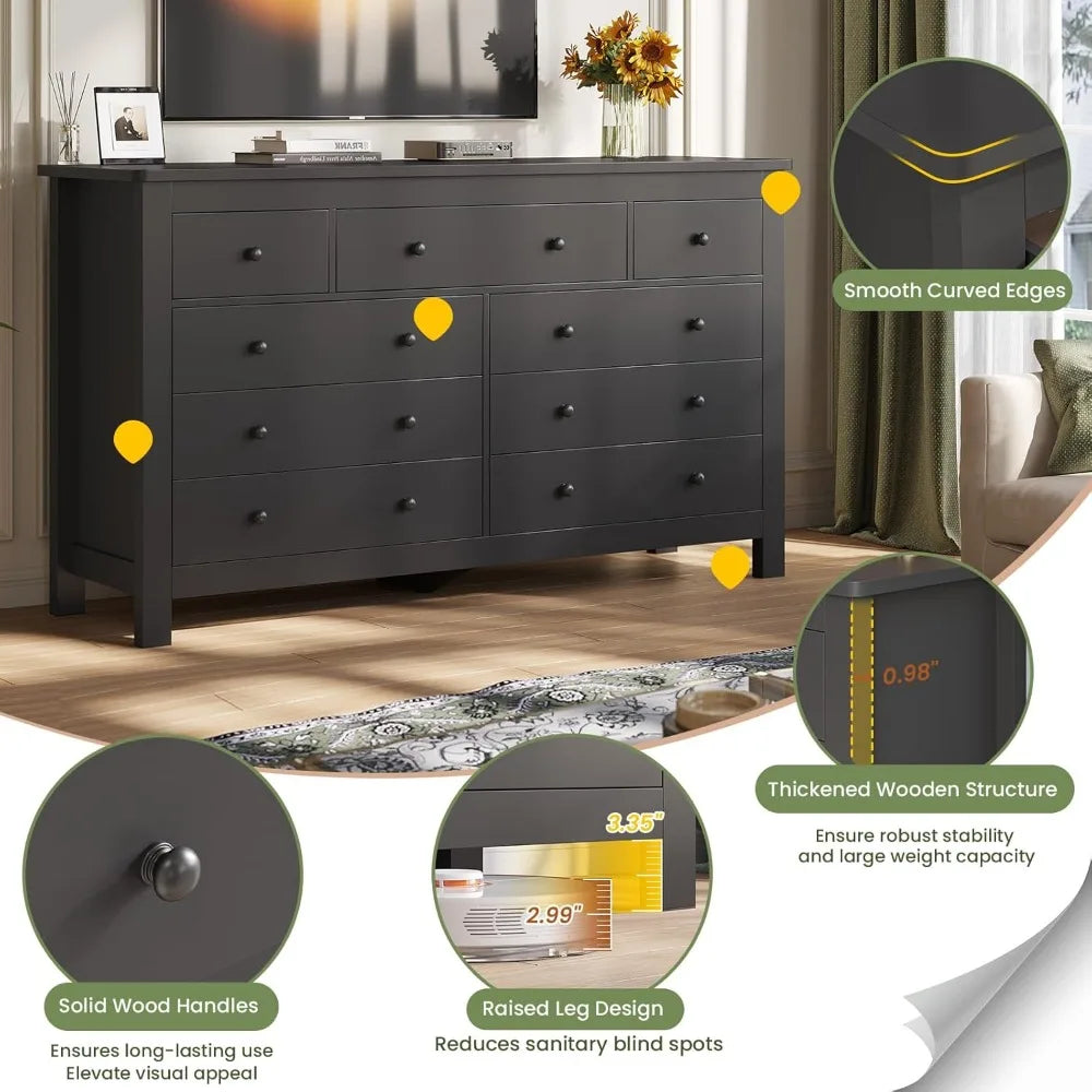 Modern Black 9 Drawer Dresser Chest for Bedroom Storage Solution