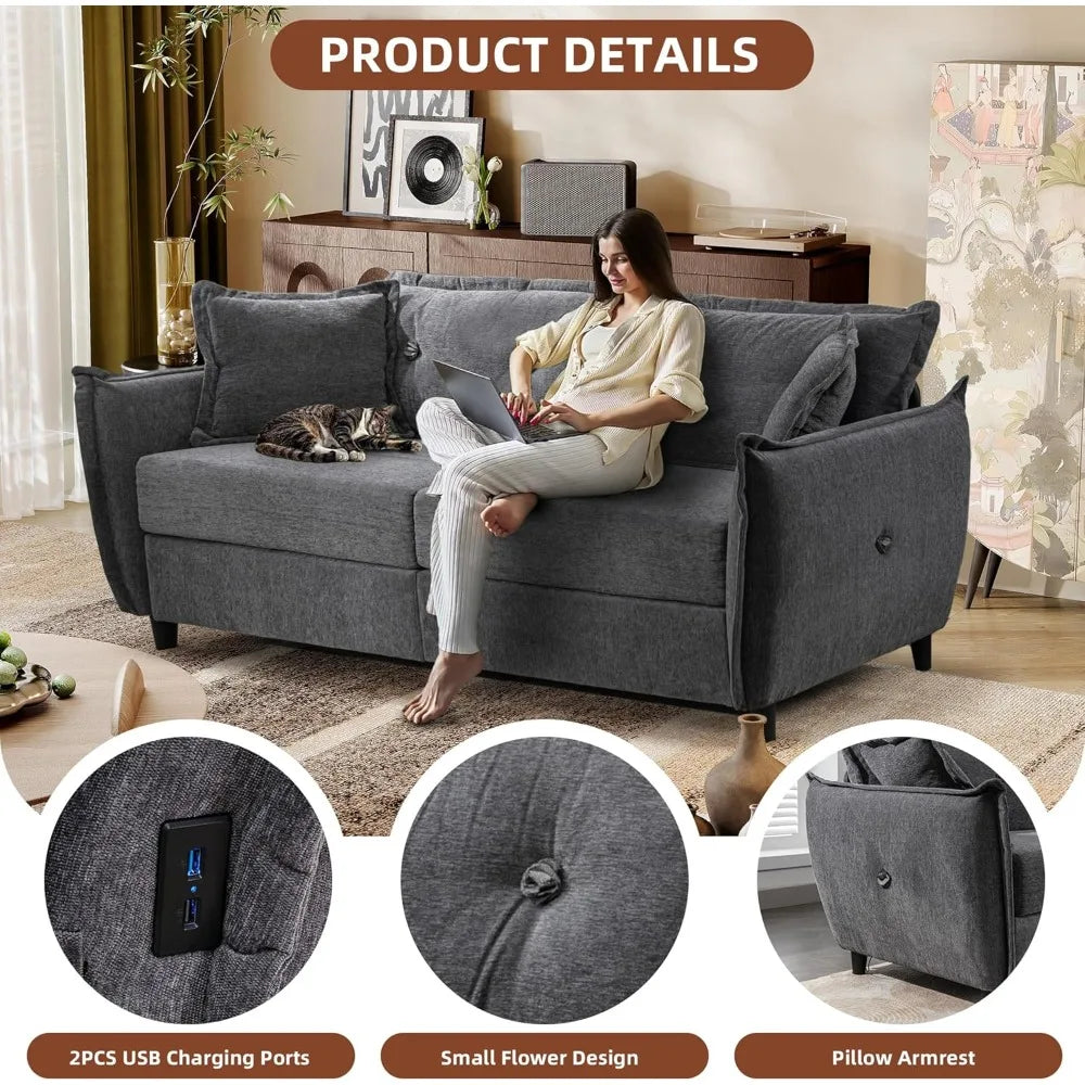 Ljustra 85 Inch Grey Comfy 3 Seat Couch with USB Ports for Small Spaces