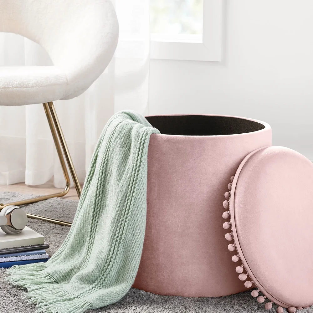 Pom Pom Kids Storage Ottoman Velvet Upholstery Fun Accent Piece