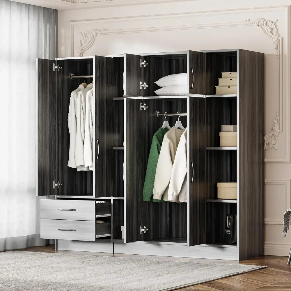 Large Wardrobe Armoire Closet 6 Doors 2 Drawers Freestanding Cabinet