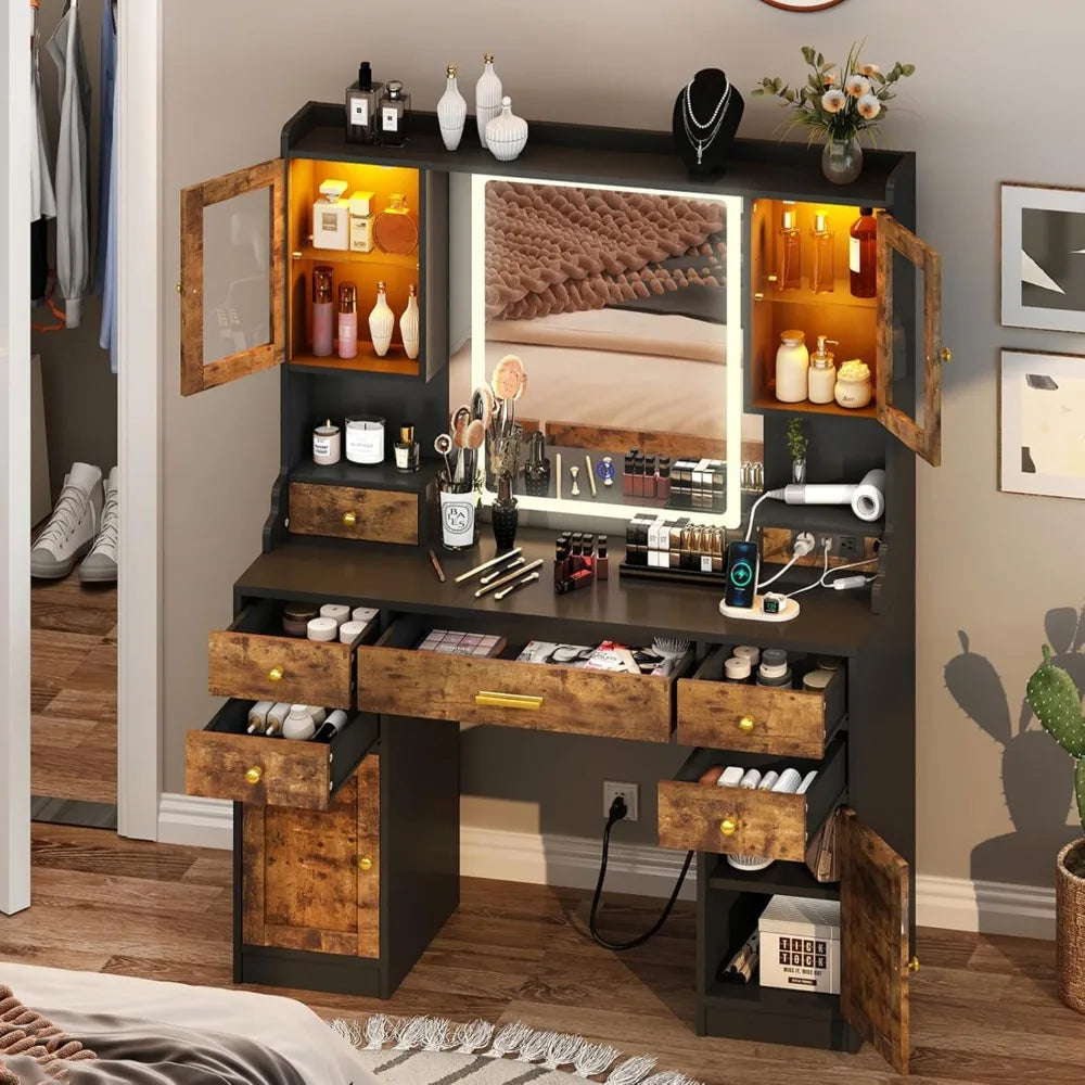 Vanity Desk with Mirror RGB Cabinet and Power Outlet for Makeup
