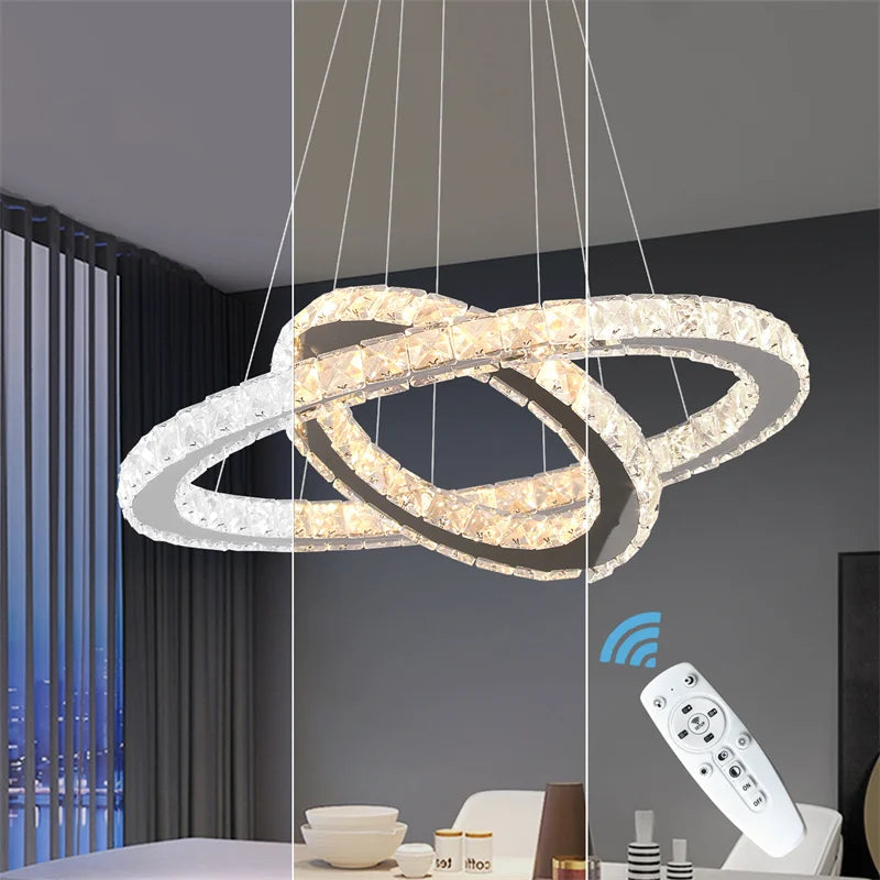 Modern Crystal Rings LED Chandelier Luxury Ceiling Lamp Remote Control