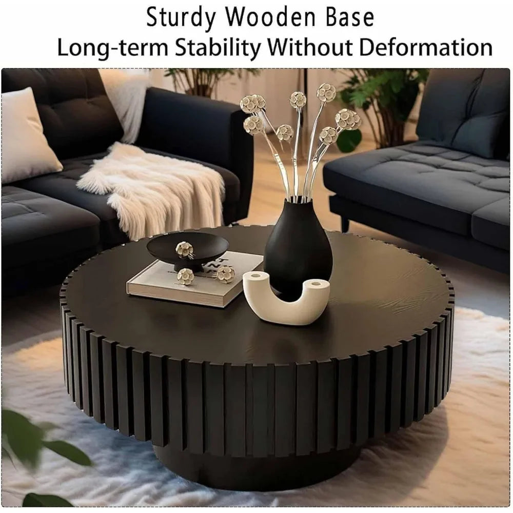 Round Fluted Coffee Table Modern Handcrafted Drum Table Low Profile