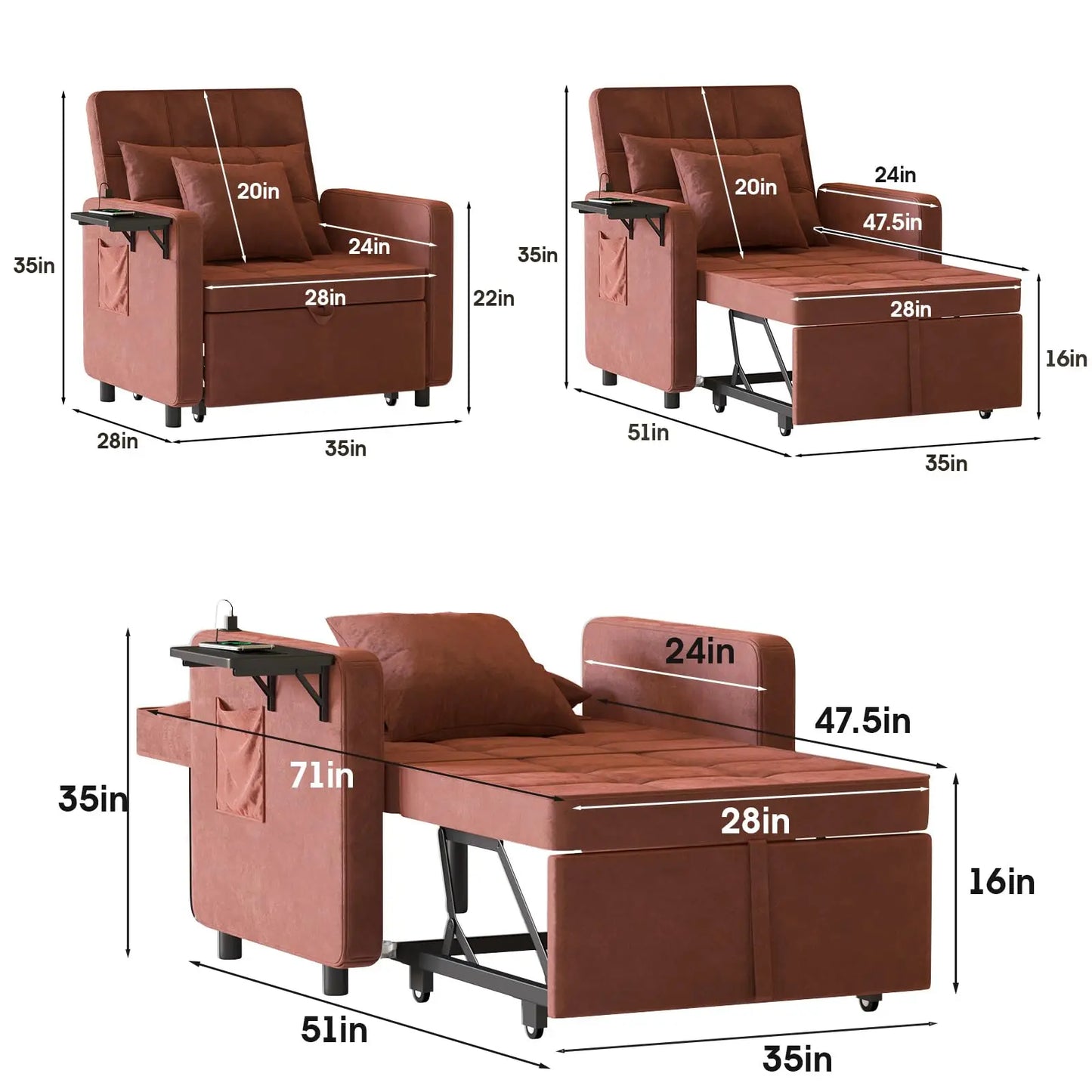 Ljustra Velvet Chaise Lounge Chair with USB Ports 3-in-1 Sofa Bed