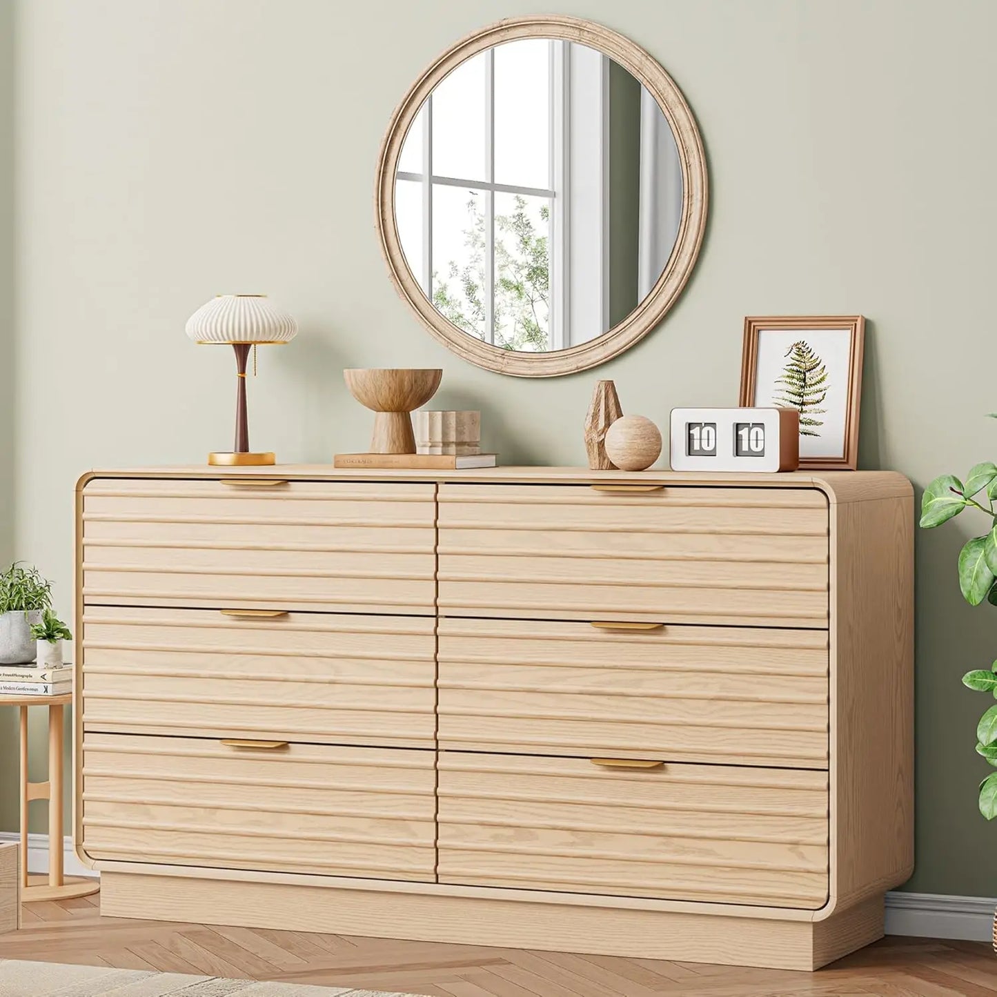 Fluted 6 Drawer Dresser Modern Bedroom Storage 54 Inch Wide Furniture